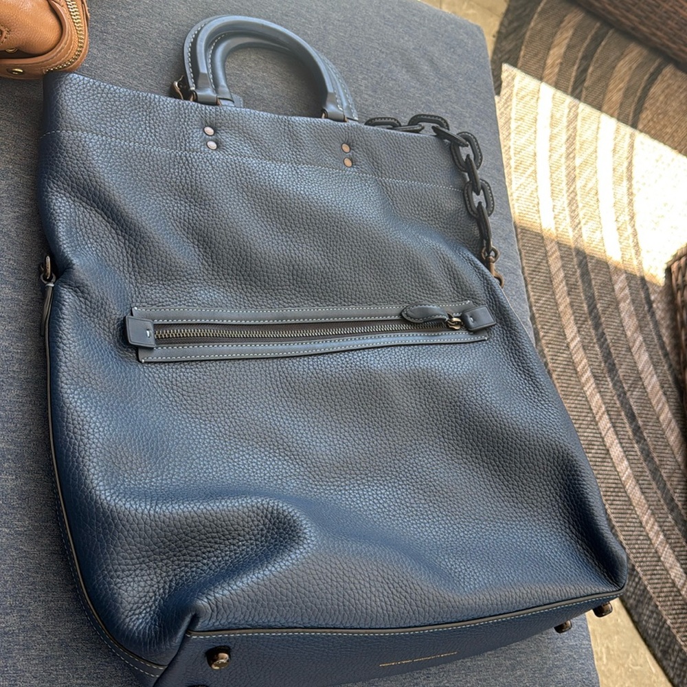 Coach Rowe Foldover Tote - Navy Blue Pebbled Leather (Excellent Condition)